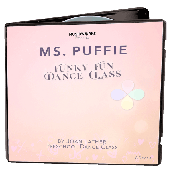 3D mockup of Ms. Puffie Funky Fun Dance Class preschool jazz and hip-hop class by Joan Lather, produced by MusicWorks. Pastel peach gradient cover with Puffie petals logo.