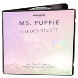 3D mockup of Ms. Puffie Garden Ballet preschool dance class by Joan Lather, produced by MusicWorks. DVD case with soft pastel gradient in pink, lavender, and mint tones featuring the Puffie petals logo and delicate floral silhouettes.