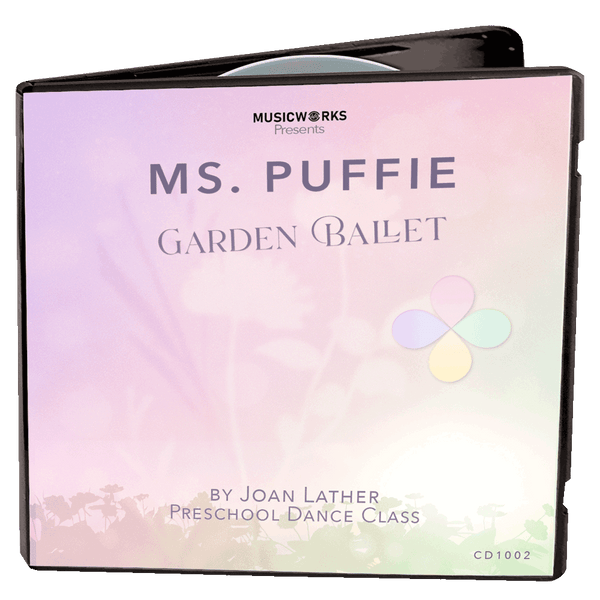 3D mockup of Ms. Puffie Garden Ballet preschool dance class by Joan Lather, produced by MusicWorks. DVD case with soft pastel gradient in pink, lavender, and mint tones featuring the Puffie petals logo and delicate floral silhouettes.