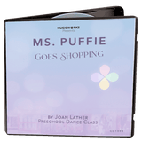 3D mockup of Ms. Puffie Goes Shopping preschool dance class by Joan Lather, produced by MusicWorks. Pastel purple and blue background with Puffie petals logo and shopping-themed ballet concept.