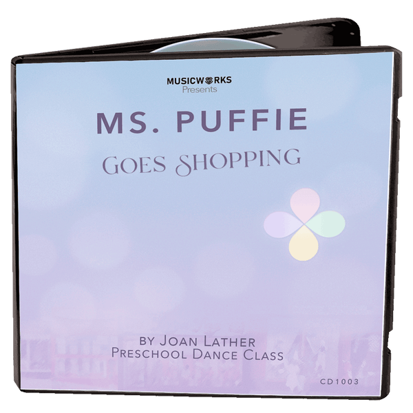 3D mockup of Ms. Puffie Goes Shopping preschool dance class by Joan Lather, produced by MusicWorks. Pastel purple and blue background with Puffie petals logo and shopping-themed ballet concept.