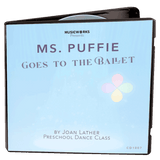 3D mockup of Ms. Puffie Goes to the Ballet preschool dance class by Joan Lather, produced by MusicWorks. Light blue gradient cover with Puffie petals logo and preschool ballet branding.