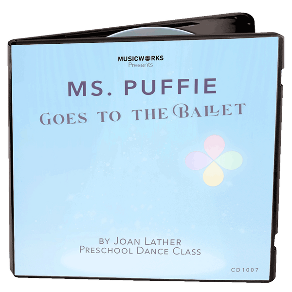 3D mockup of Ms. Puffie Goes to the Ballet preschool dance class by Joan Lather, produced by MusicWorks. Light blue gradient cover with Puffie petals logo and preschool ballet branding.