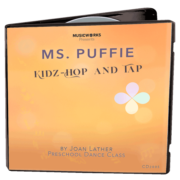 3D mockup of Ms. Puffie Kidz-Hop and Tap preschool combo dance class by Joan Lather, produced by MusicWorks. Warm coral gradient cover with Puffie petals logo.