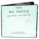 3D mockup of Ms. Puffie Rhythm and Rhyme preschool dance class by Joan Lather, produced by MusicWorks. DVD/CD case featuring a pale mint gradient, soft music-note motif, and the pastel Puffie petals logo.
