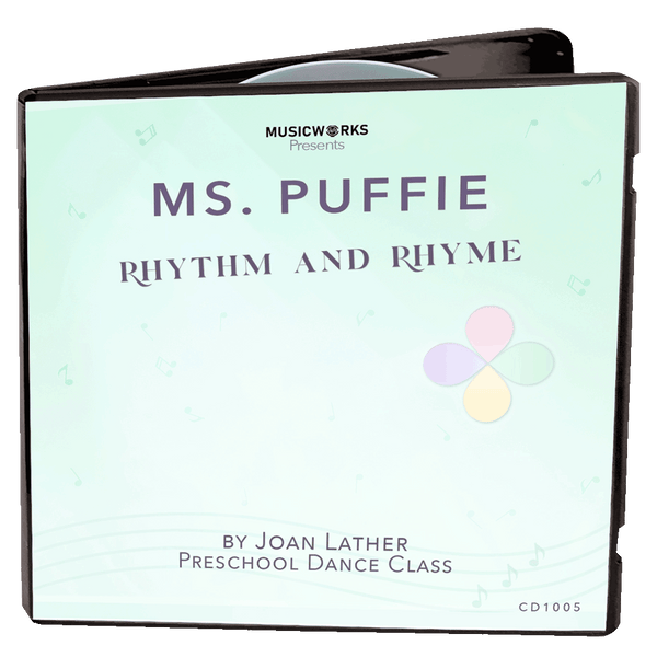 3D mockup of Ms. Puffie Rhythm and Rhyme preschool dance class by Joan Lather, produced by MusicWorks. DVD/CD case featuring a pale mint gradient, soft music-note motif, and the pastel Puffie petals logo.