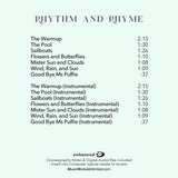 Back cover for Ms. Puffie Rhythm and Rhyme preschool dance class by Joan Lather, produced by MusicWorks. Lists seven vocal and seven instrumental tracks such as “The Worm” and “Goodbye Ms. Puffie,” with enhanced CD notation and MusicWorksUnlimited.com at the bottom.
