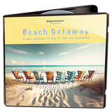 MusicWorks Beach Getaway Vol. 1 CD cover featuring a pastel beach scene with ocean waves and five colorful Adirondack chairs on the sand.