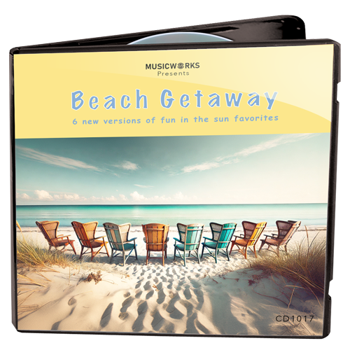 MusicWorks Beach Getaway Vol. 1 CD cover featuring a pastel beach scene with ocean waves and five colorful Adirondack chairs on the sand.