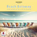 MusicWorks Beach Getaway Vol. 1 CD digital download cover featuring a pastel beach scene with ocean waves and five colorful Adirondack chairs on the sand.