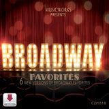MusicWorks Broadway Favorites CD cover featuring glowing marquee-style lettering on a theater stage with red curtains and the subtitle 6 new versions of Broadway favorites.