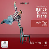 Cover art for Darryl Retter’s Dance Class Plans: Advanced Tap (Grade 5), Months 1–5 by MusicWorks. Features Darryl Retter in a plaid shirt performing a tap pose against a warm red gradient background with white title text and a silver “Video” download icon.