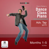 Cover art for Darryl Retter’s Dance Class Plans: Advanced Tap (Grade 6), Months 1–5 by MusicWorks. Features Darryl Retter in a plaid shirt performing a tap pose against a warm red gradient background with white title text and a silver “Video” download icon.