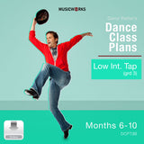 Cover art for Darryl Retter’s Dance Class Plans: Low Intermediate Tap (Grade 3), Months 6-10 by MusicWorks. Features Darryl Retter in a red sweater performing a tap pose against a warm red gradient background with white title text and a silver “Video” download icon.