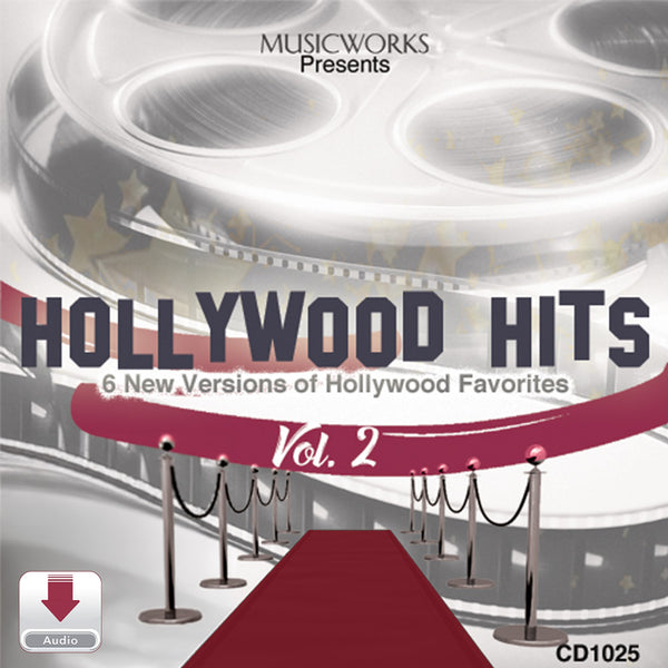 MusicWorks Hollywood Hits Vol. 2 Digital Download cover featuring a red carpet entrance with stanchions, film reels overhead, and the subtitle 6 New Versions of Hollywood Favorites.