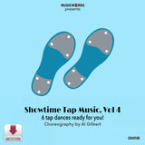 MusicWorks Showtime Tap Music, Vol.4 Digital Download cover featuring stylized pink tap shoes on a soft pink background with choreography by Al Gilbert.