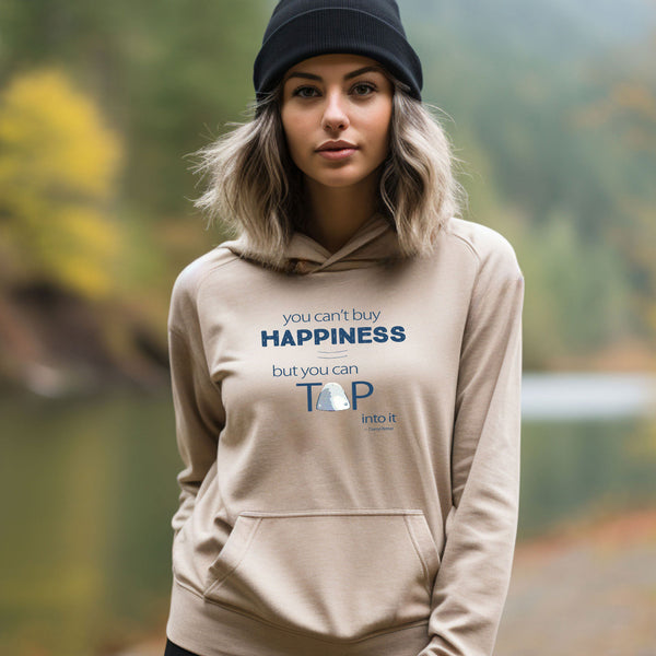 Model wearing ecru hoodie with You Can’t Buy Happiness Tap design