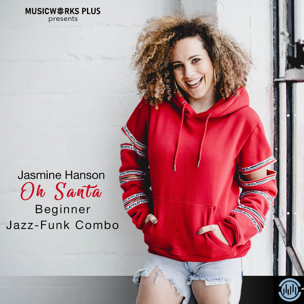 Cover art for Oh Santa by Jasmine Hanson from MusicWorks Plus. Beginner jazz-funk combo dance for studio classes, featuring upbeat choreography perfect for the holiday season. The image shows a smiling dancer in a red hoodie standing near a window, representing the festive, fun style of the routine.