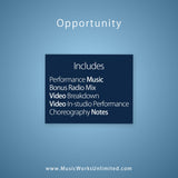 Opportunity choreography single back cover showing included performance music, video breakdown, in-studio performance, and notes.