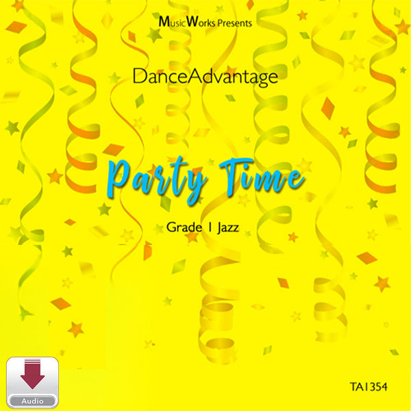 Party Time by Becca Retter – Grade 1 jazz dance cover with a bright yellow party background, streamers, and confetti