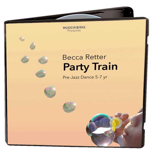 CD cover for 'Becca Retter Party Train' by MusicWorks, featuring a warm peach background with floating iridescent bubbles and a partial illustration of a child blowing bubbles in the lower right corner.