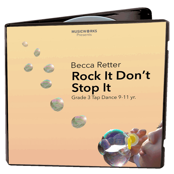 A square music album cover for 'Rock It Don't Stop It' by Becca Retter, presented by MusicWorks. The cover features a warm beige-to-peach gradient background with floating iridescent bubbles and a partial photo of a child blowing bubbles in the bottom right corner.