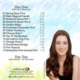 Tracklist for the "Spring Storytime Dance" preschool creative movement class by Shalynne Armstrong, featuring Disc One with narrated tracks like "Spring Story Time," "Stretch & Sprout," and "Enchanted Scavenger Hunt," and Disc Two with instrumental versions. Includes enhanced CD features and a smiling portrait of Shalynne Armstrong