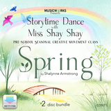 Digital download cover for "Spring Storytime Dance" preschool creative movement class by Shalynne Armstrong, featuring watercolor spring scenery with rainbow, bridge, and blossoms, part of the Miss Shay Shay Storytime Dance series