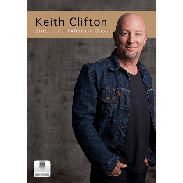 A book or video cover for Keith Clifton's Stretch and Extension Class, featuring a portrait of a bald man in a dark denim jacket over a black shirt against a textured gray background, with a tan banner at the top and a small video icon in the lower left.