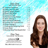 Track list for Summer Storytime Dance with Miss Shay Shay by Shalynne Armstrong – preschool creative movement CD featuring 13 narrated tracks on Disc One and instrumental versions on Disc Two, with cover image of smiling female performer.