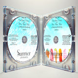 Summer Storytime Dance with Miss Shay Shay 2-disc CD set shown inside an open jewel case, with instrumental and narrated discs featuring summer-themed artwork.