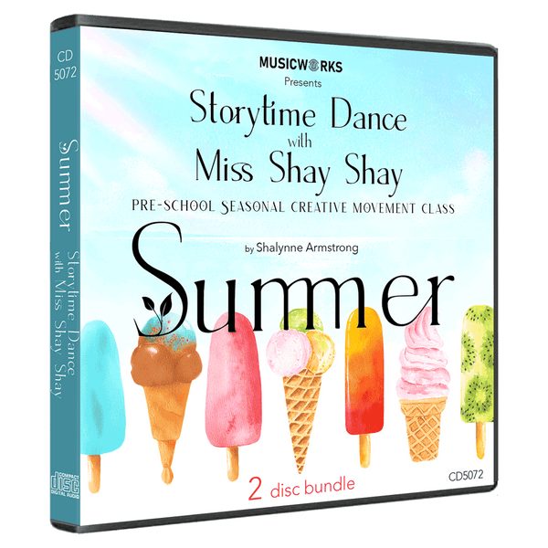 Summer Storytime Dance with Miss Shay Shay 2-disc CD bundle by Shalynne Armstrong – preschool seasonal creative movement class with colorful ice cream illustrations on the cover.