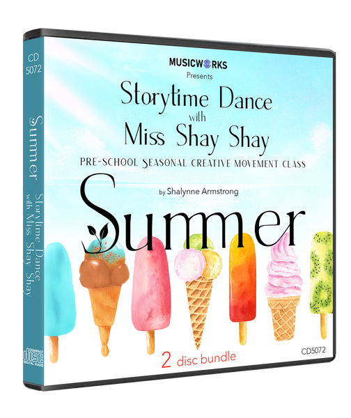Summer Storytime Dance with Miss Shay Shay 2-disc CD bundle by Shalynne Armstrong – preschool seasonal creative movement class with colorful ice cream illustrations on the cover.