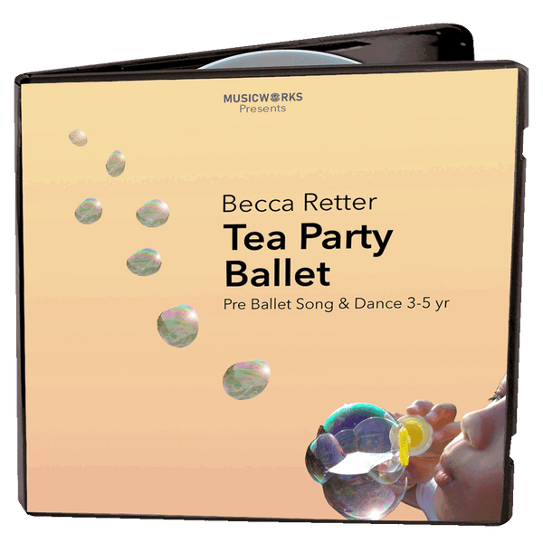 CD cover for 'Tea Party Ballet' by Becca Retter, presented by MusicWorks, featuring a peach background with floating iridescent bubbles and a partial illustration of a child blowing bubbles in the bottom right corner.