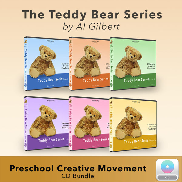 Teddy Bear Preschool Creative Movement CD Bundle by MusicWorks featuring six physical CD volumes by Al Gilbert. Includes children’s creative play songs with instructional and performance tracks for preschool dance classes.