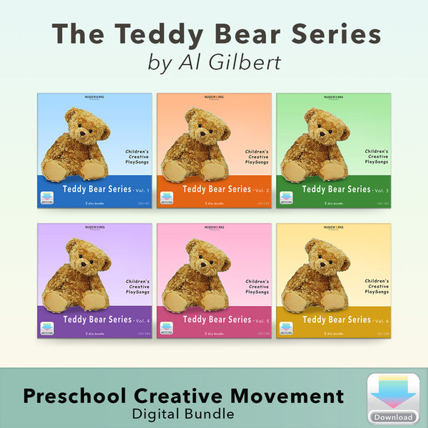 Teddy Bear Preschool Creative Movement Digital Bundle by MusicWorks featuring six downloadable volumes by Al Gilbert with creative play songs for preschool dance classes and instant digital access.