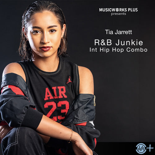 R&B Junkie by Tia Jarrett – intermediate hip-hop combo cover featuring the choreographer in black and red against a dark background