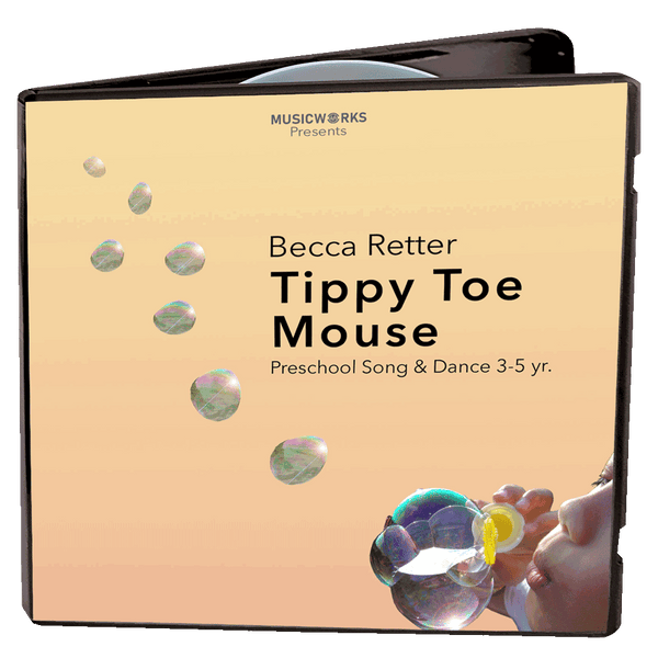 A square album cover or digital media case for 'Tippy Toe Mouse' by Becca Retter, presented on a black background. The cover has a warm beige-to-peach gradient, with floating iridescent bubbles and a partial illustration/photo of a hand blowing bubbles in the lower right.