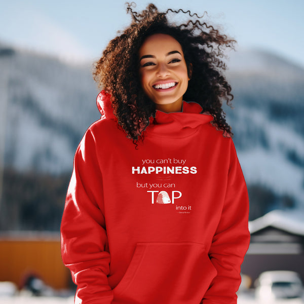 Red hoodie with white typographic quote design “you can’t buy happiness but you can tap into it” on front
