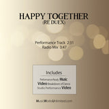 Happy Together (Re Duex) by Aleksandra Wojda Nelson, beginner jazz choreography. Back cover lists music running times and included music and videos on a gold background.