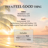 It’s a Feel Good Thing by Aleksandra Wojda Nelson, intermediate jazz choreography. Back cover lists music and video running times over a tropical beach sunset.