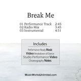 Break Me by Gina Badone – back cover with music track lengths and included video, music, and choreography notes
