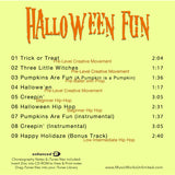 Back cover of Halloween Fun – 7 preschool and beginner dance songs with choreography notes and bonus tracks