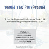 ’Round the Playground by Jasmine Hanson back cover listing performance and instrumental music, choreography videos, and notes.