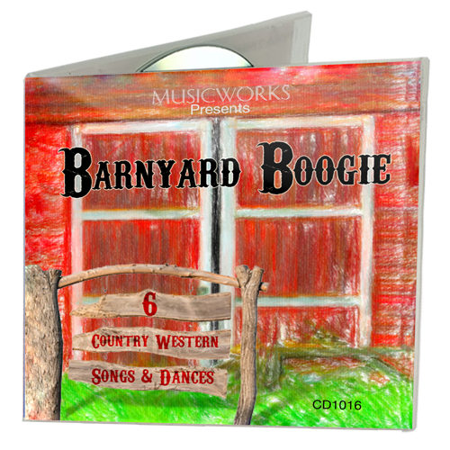 MusicWorks Barnyard Boogie CD cover featuring a rustic red barn backdrop and a wooden sign with the subtitle 6 Country Western Songs & Dances.