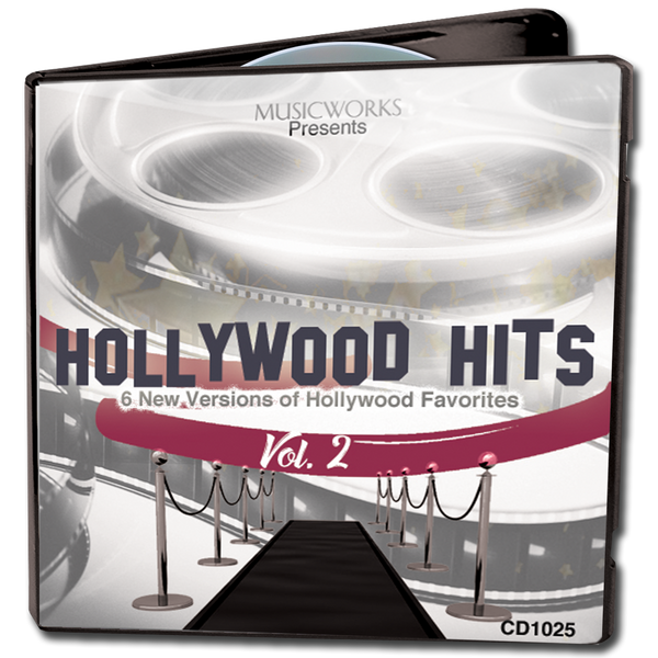 MusicWorks Hollywood Hits Vol. 2 CD cover featuring a red carpet entrance with stanchions, film reels overhead, and the subtitle 6 New Versions of Hollywood Favorites.
