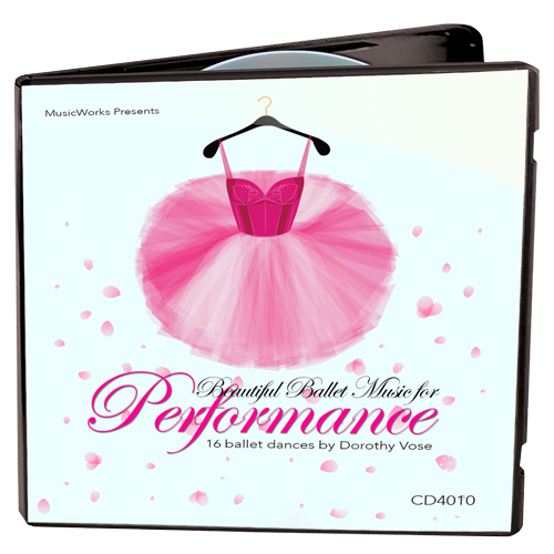 MusicWorks Beautiful Music for Performance CD cover featuring a pink ballet tutu on a hanger with scattered flower petals and the subtitle 16 ballet dances by Dorothy Vose.
