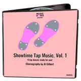 MusicWorks Showtime Tap Music, Vol. 1 CD cover featuring stylized pink tap shoes on a soft pink background with choreography by Al Gilbert.