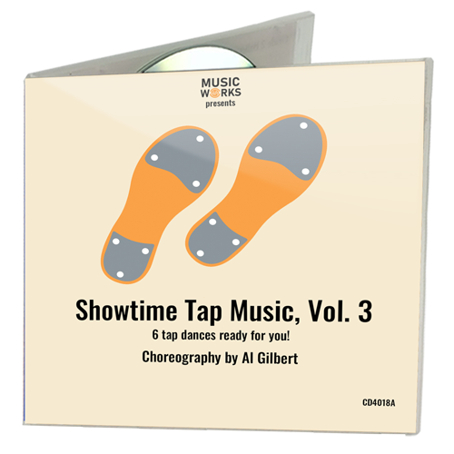 MusicWorks Showtime Tap Music, Vol. 3 CD cover featuring stylized pink tap shoes on a soft pink background with choreography by Al Gilbert.