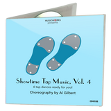 MusicWorks Showtime Tap Music, Vol. 4 CD cover featuring stylized pink tap shoes on a soft pink background with choreography by Al Gilbert.